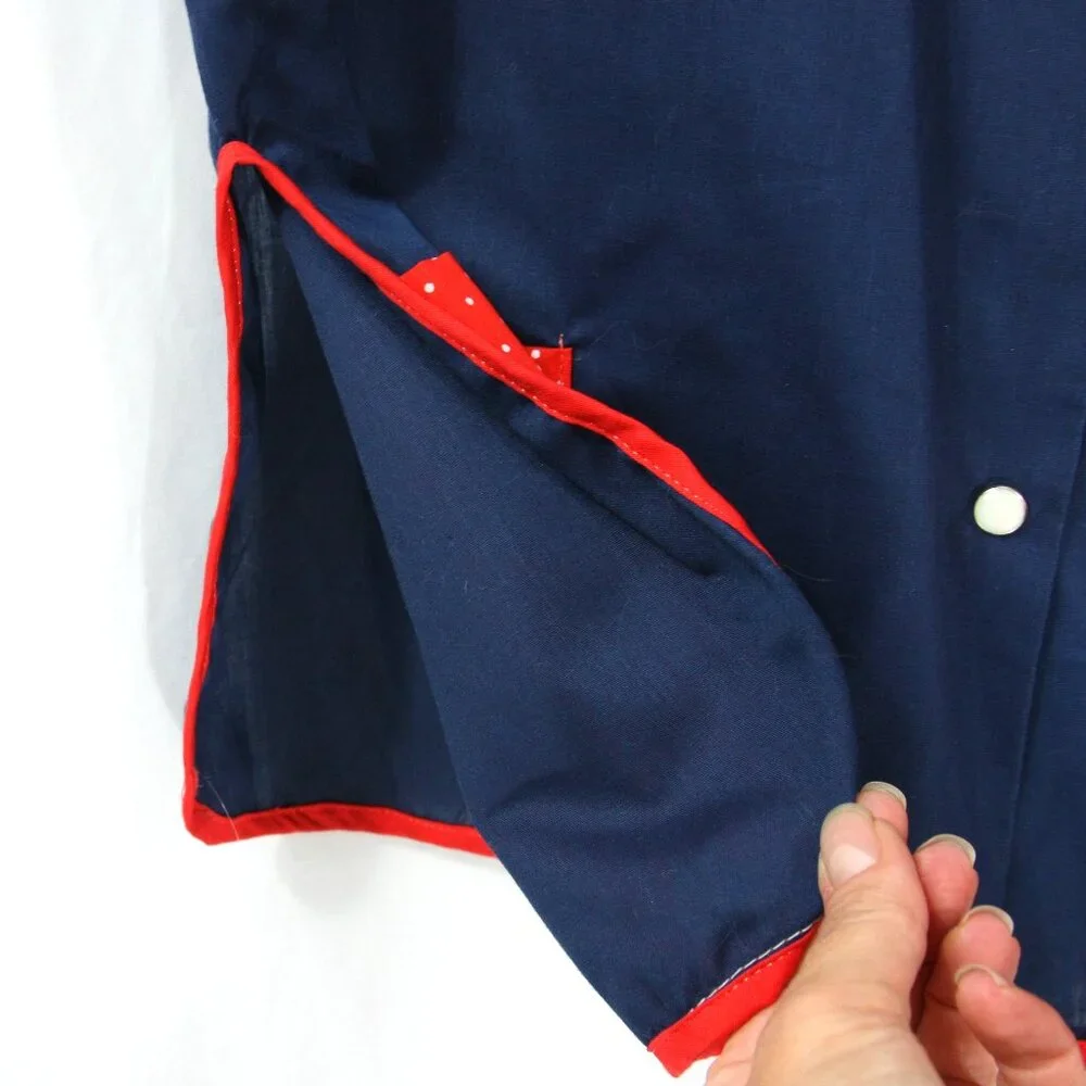Vintage Pearl Snap Polka Dot Ruffle Trim Full Apron Art Craft Smock w Pockets